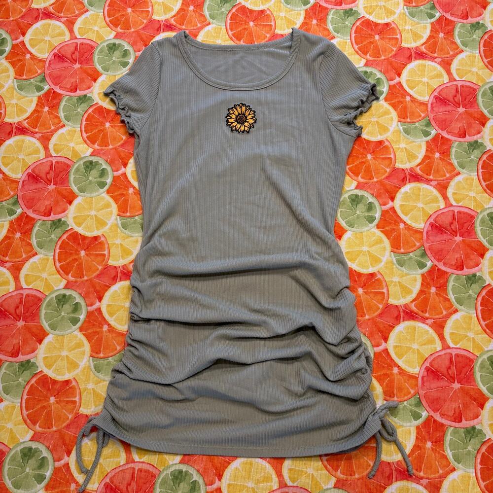 Unknown Brand Sage Green Sunflower Ribbed Ruched Mini Dress
